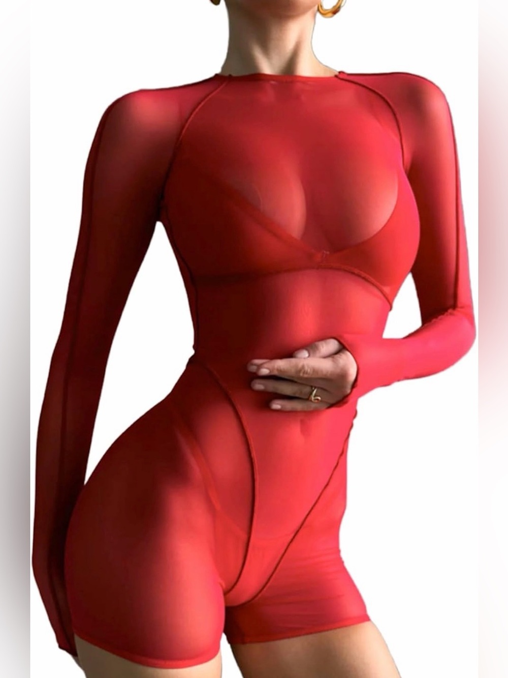 A601 Sexy RED Sheer Mesh Long Sleeve Romper Bodycon Jumper Shorts  NWT Medium